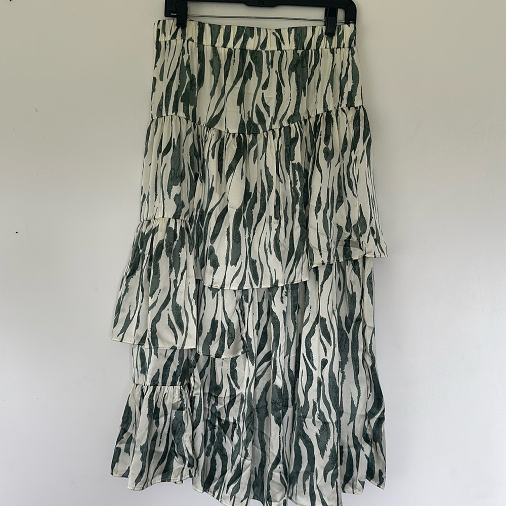 NWT GORGEOUS Tiered Zebra-Print Maxi Skirt in Cream and Green
